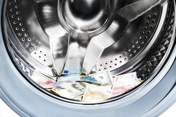 Money in washing machine, closeup view — Stock Photo, Image