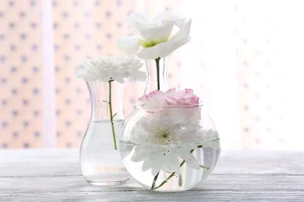Gyönyörű virágok vázákban, ablakból fénylő fénnyel. — Stock Fotó