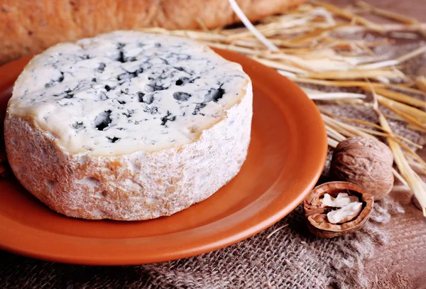 Queijo azul em prato de barro com nozes, baguete e feno em pano de serapilheira e fundo de mesa de madeira — Fotografia de Stock