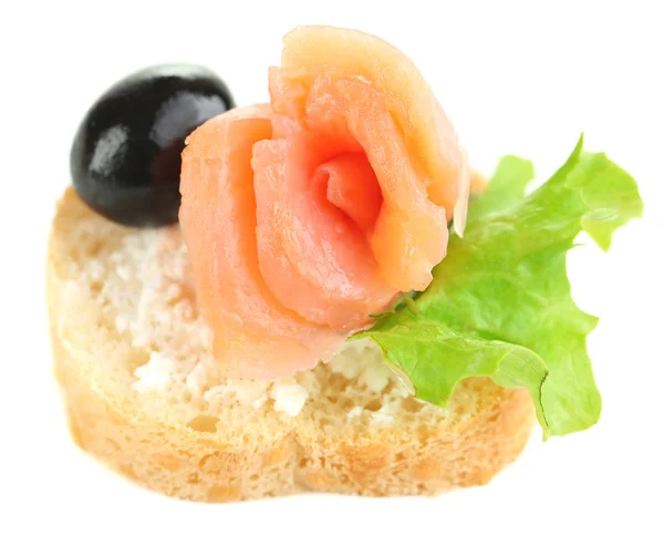 Canape salmon, black olive and herbs  on bread slice isolated on white — Stock Photo, Image