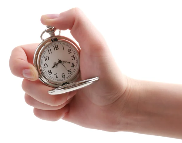 Silver pocket clock in hand isolated on white — Stock Photo, Image