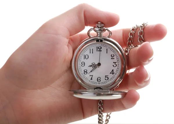 Silver pocket clock in hand isolated on white — Stock Photo, Image