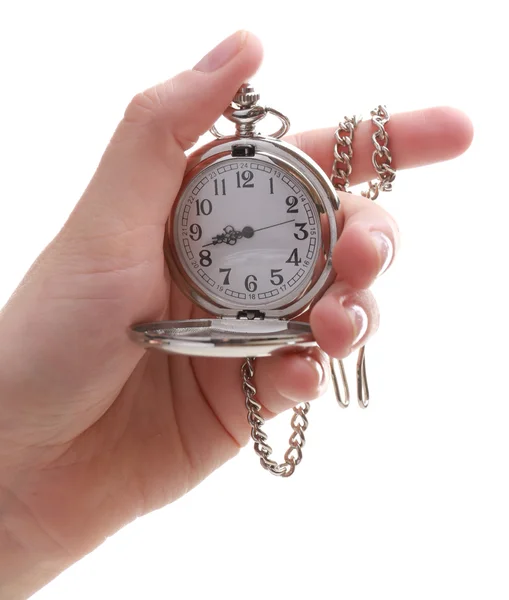 Silver pocket clock in hand isolated on white Stock Image