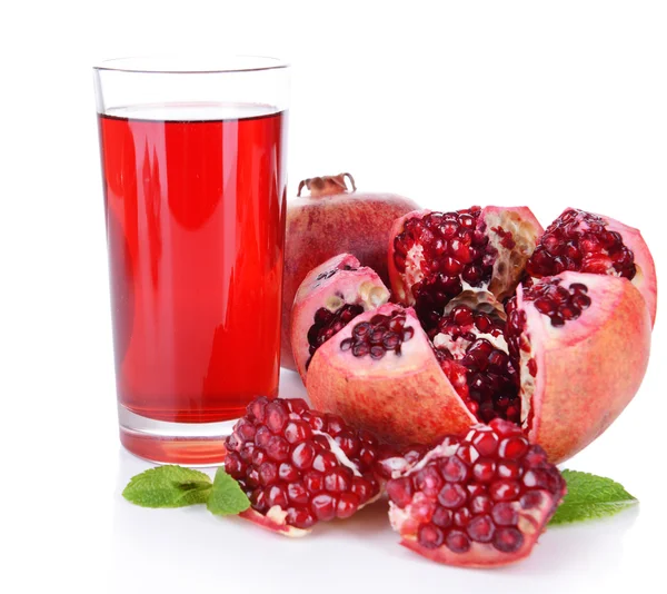 Ripe pomegranates with juice isolated on white — Stock Photo, Image