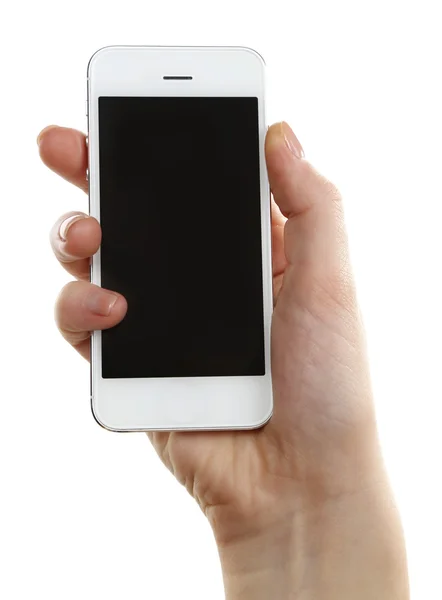 Mano que sostiene el teléfono inteligente móvil aislado en blanco — Foto de Stock