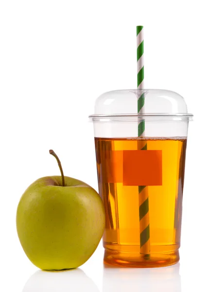 Juice in fast food closed cup with tube and apples isolated on white — Stock Photo, Image