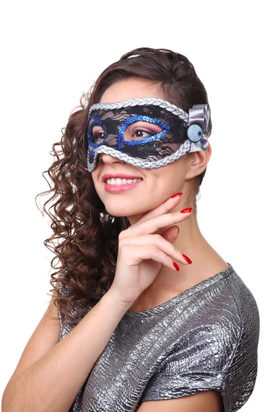 Bella ragazza con maschera mascherata isolata su bianco — Foto Stock