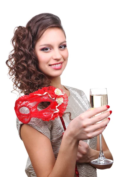 Schöne Mädchen mit Maskerade Maske und Glas Champagner in der Hand isoliert auf weiß — Stockfoto