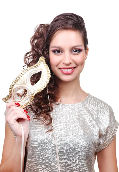 Beautiful girl with masquerade mask isolated on white — Stock Photo, Image