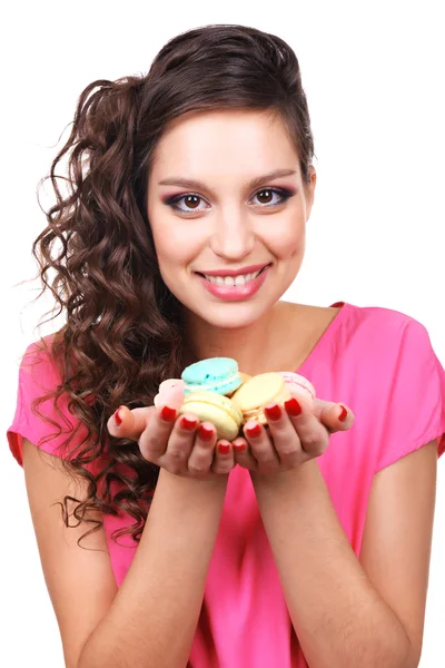 Young beautiful girl with tasty macaroon isolated on white on background — Stock Photo, Image
