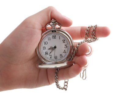 Gümüş cep saat el izole üzerinde beyaz