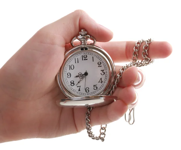 Horloge de poche argent à la main isolée sur blanc — Photo