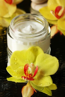 Koyu arka plan üzerinde orkide çiçekli yüz kremi