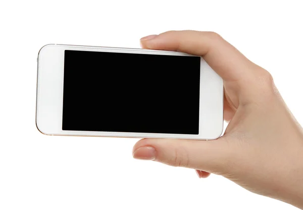Mano tenuta cellulare smartphone isolato su bianco — Foto Stock