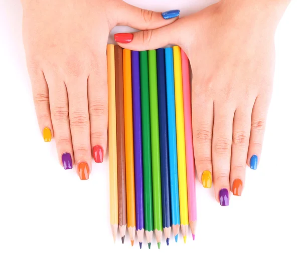 Manicura femenina multicolor con lápices de colores aislados en blanco — Foto de Stock