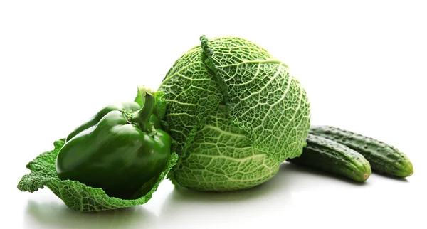 Savoy cabbage, cucumber and green pepper isolated on white — Stock Photo, Image