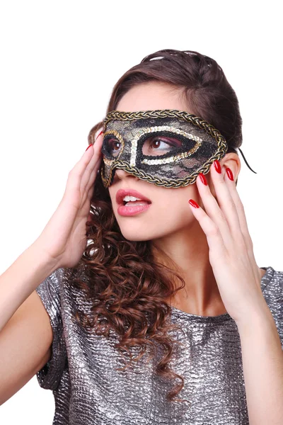 Menina bonita com máscara de mascarada isolado no branco — Fotografia de Stock