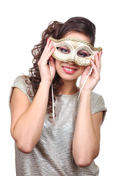 Beautiful girl with masquerade mask isolated on white — Stock Photo, Image