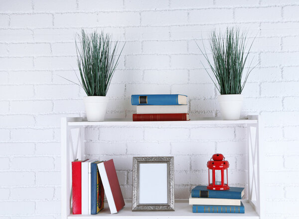 Bookshelves with books and decorative objects on brick wall background