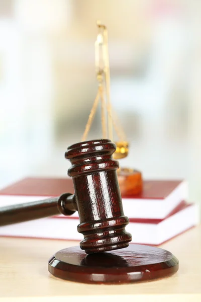 Wooden judges gavel on wooden table, close up — Stock Photo, Image