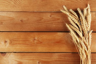 Spikelets ahşap arka plan üzerinde buğday