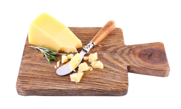 Crumbled Parmesan cheese with sprig of rosemary and knife on cutting board isolated on white — Stock Photo, Image