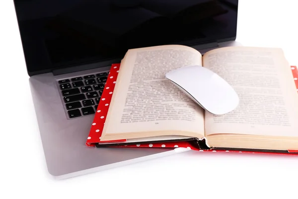 Laptop, open book and computer mouse on white background — Stock Photo, Image