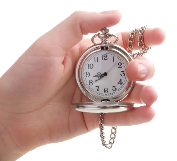 Relógio de bolso de prata na mão — Fotografia de Stock