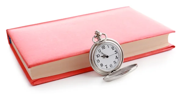 Horloge de poche argent et livre sur table blanche — Photo