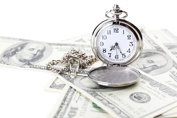 Silver pocket clock and money — Stock Photo, Image