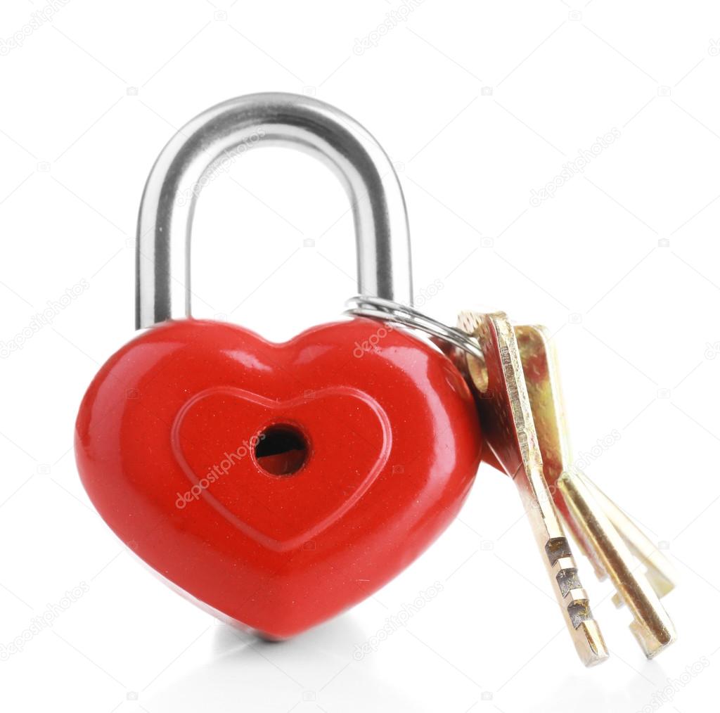Heart-shaped padlock with key isolated on white