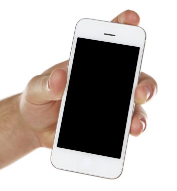 Mobil akıllı telefon üzerinde beyaz izole tutan el