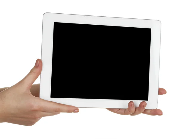 Mani che tengono tablet pc Isolato su bianco — Foto Stock