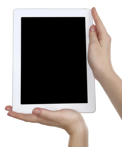 Mãos segurando tablet pc Isolado em branco — Fotografia de Stock