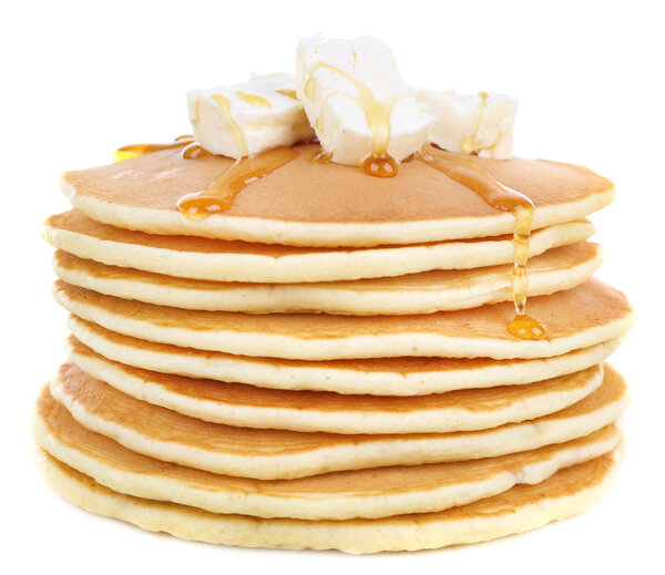 Stack of delicious pancakes with butter and honey isolated on white