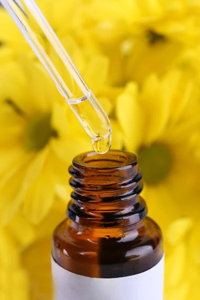 Garrafa conta-gotas de perfume com camomila amarela sobre fundo branco — Fotografia de Stock