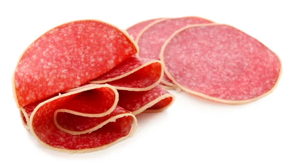 Tranches de salami isolées sur fond blanc — Photo