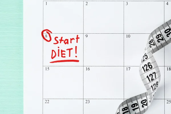 Diet concept - measure tape on calendar, close up — Stock Photo, Image