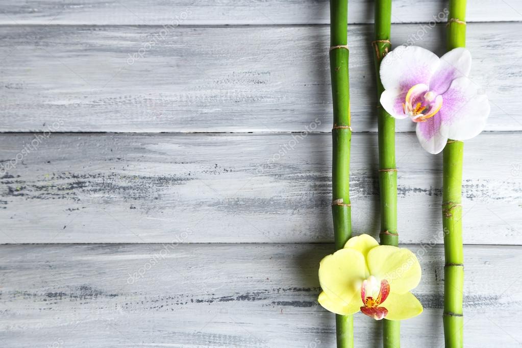 Orchid flowers  and bamboo with pile stones on wooden background
