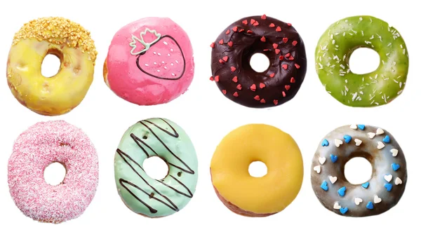 Heerlijke donuts collage, geïsoleerd op wit — Stockfoto