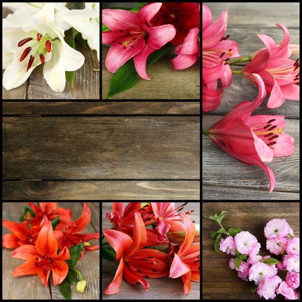 Collage of photos with flowers on wooden background — Stock Photo, Image