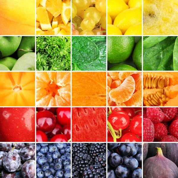 Früchte, Beeren und Grünzeug in farbenfroher Collage — Stockfoto