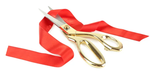 Red ribbon and scissors isolated on white — Stock Photo, Image