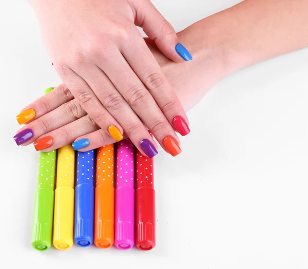 Multicolor female manicure with markers — Stock Photo, Image