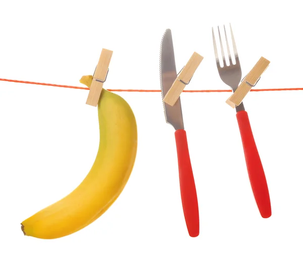 Fork, knife and banana — Stock Photo, Image