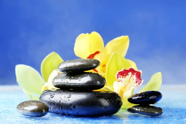 Spa stenar med ånga och vackra blommande orkidé på blå bakgrund — Stockfoto
