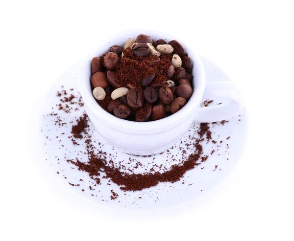 Cup of coffee beans isolated on white — Stock Photo, Image