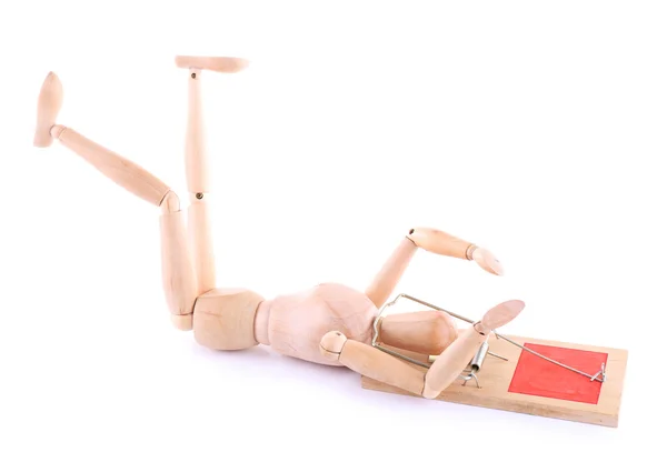 Mousetrap captured wooden mannequin, isolated on white background — Stock Photo, Image