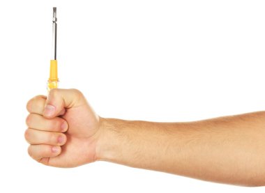 Beyaz izole erkek elinde tornavida