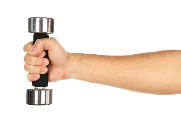 Mannenhand met dumbbell geïsoleerd op wit — Stockfoto